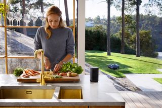 Une personne coupe des légumes dans une cuisine moderne avec vue sur un jardin et un robot tondeuse fonctionnant à l’extérieur.