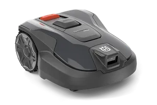 Front view of a Husqvarna robotic lawn mower.