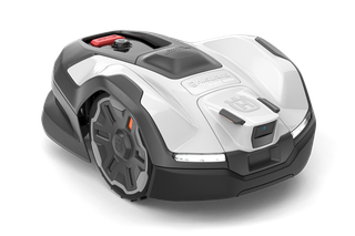 Front view of a robotic lawn mower with a visible control panel.