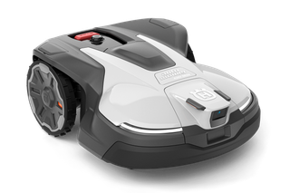 Robotic lawn mower with a visible control panel and large wheel, shown in a studio setting.