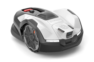 Front view of a robotic lawn mower with visible control panel.